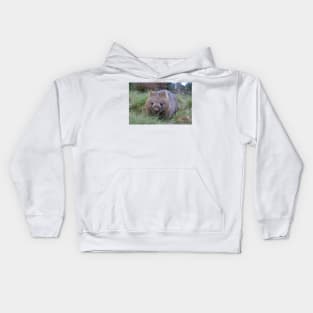 a wombat sitting on top of a grass covered field in tasmania near cradle mountain Kids Hoodie